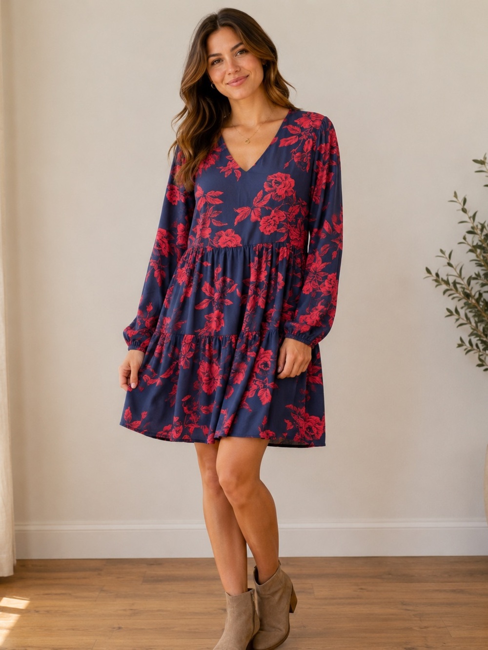 Fancyinn Shift Tunic Swing Babydoll Mini Long-Sleeve Pocket Floral Tiered Dress